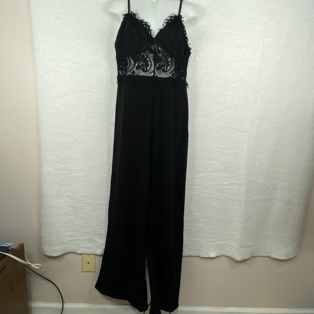 Shop17 Womens Black Lace‎ Bodice Wide Leg Jumpsuit Sleeveless Size M Gold Zipper